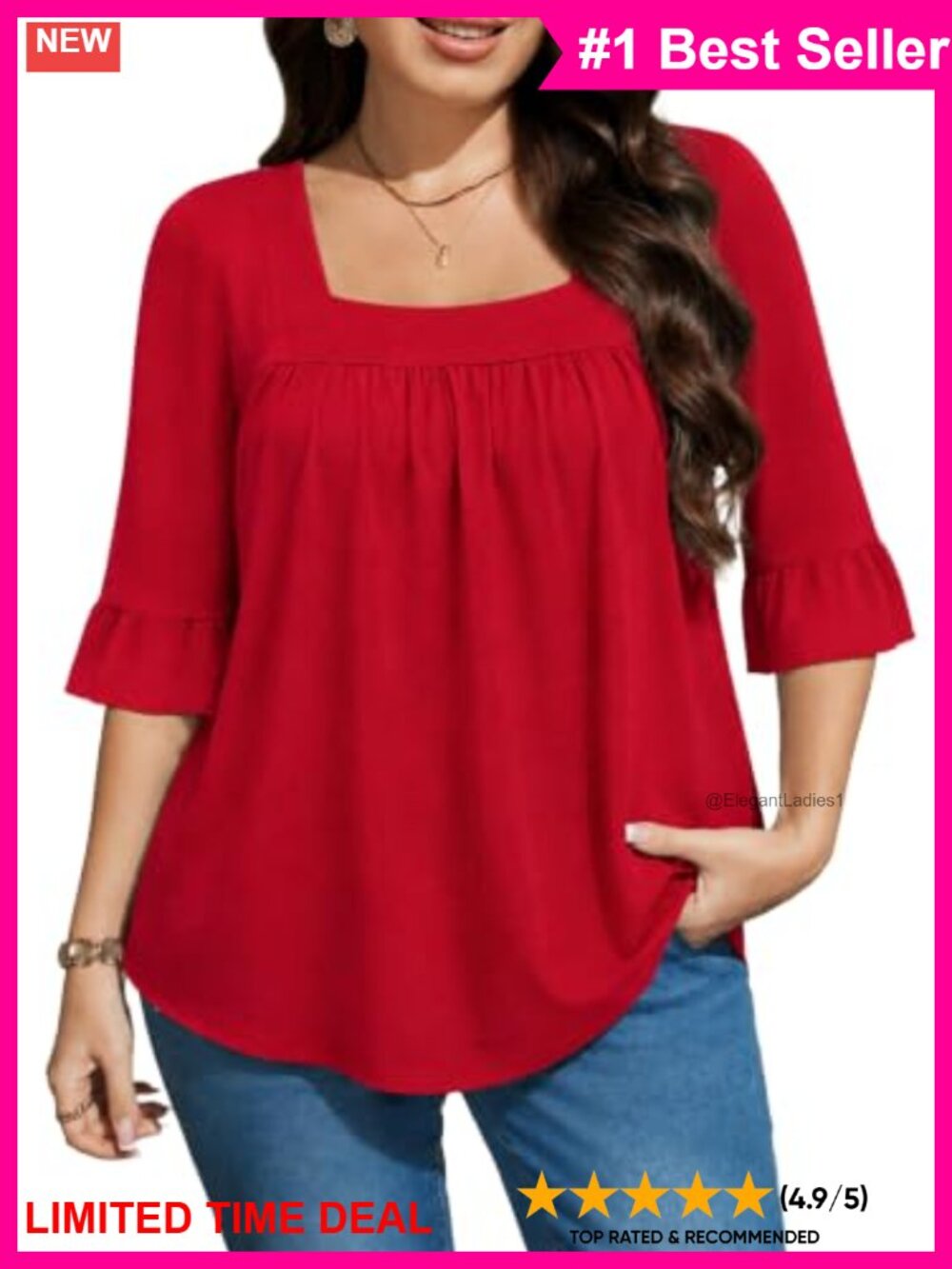 Plus Size Tunic Top 3/4 Ruffle Sleeve Square Neck Flowy Blouse